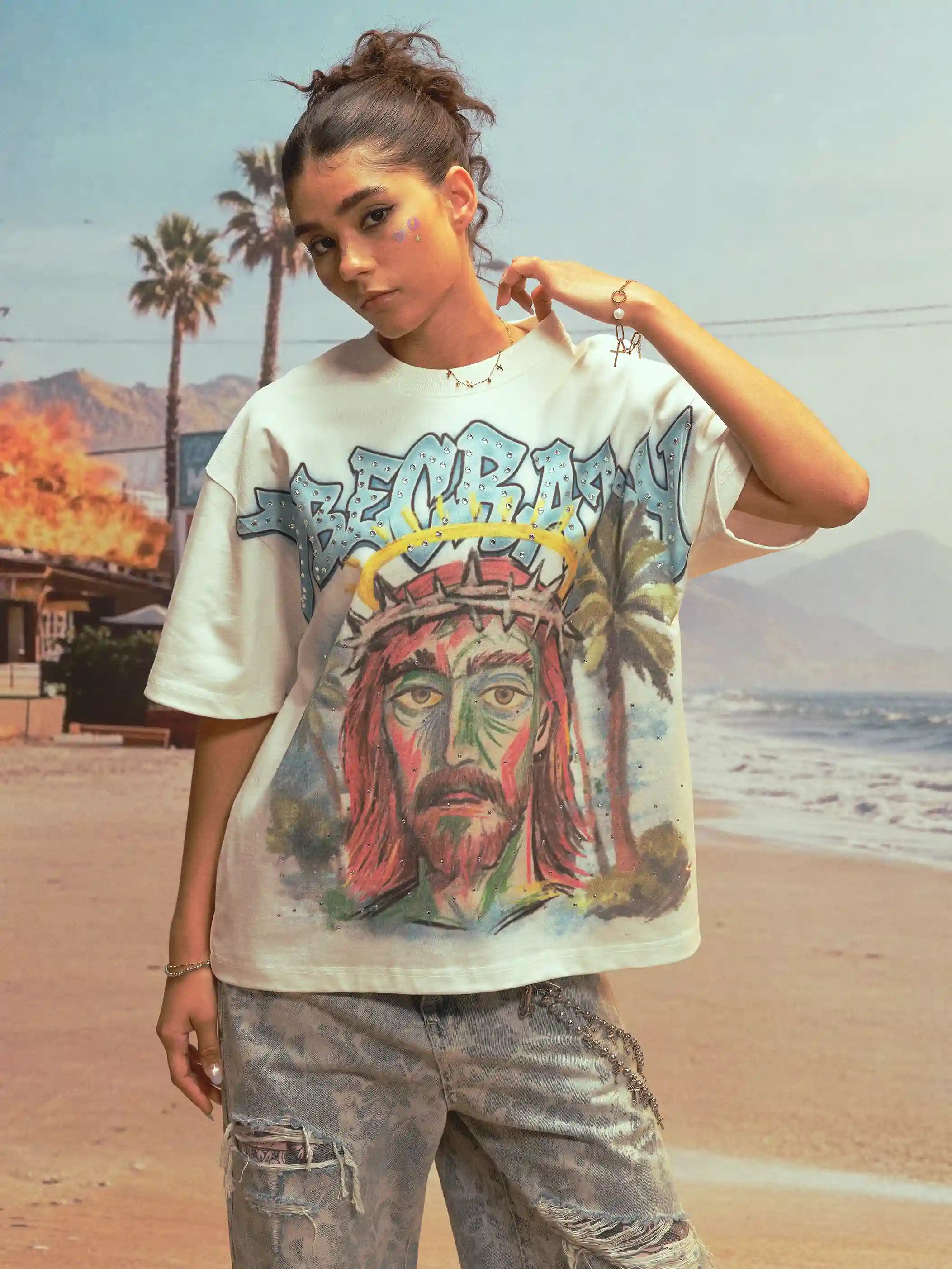 Abstract Jesus Rhinestone Tee-537