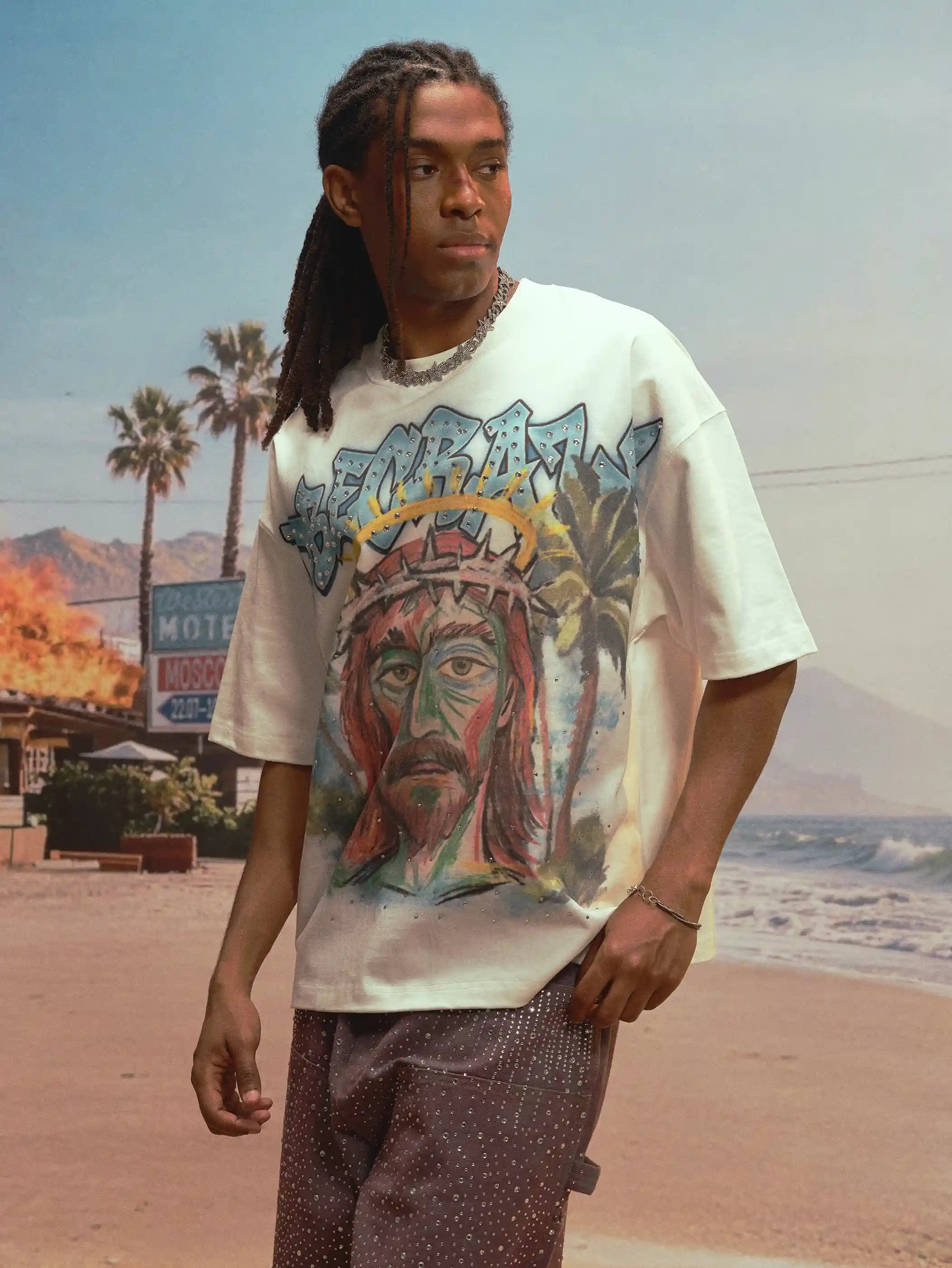 Abstract Jesus Rhinestone Tee-537