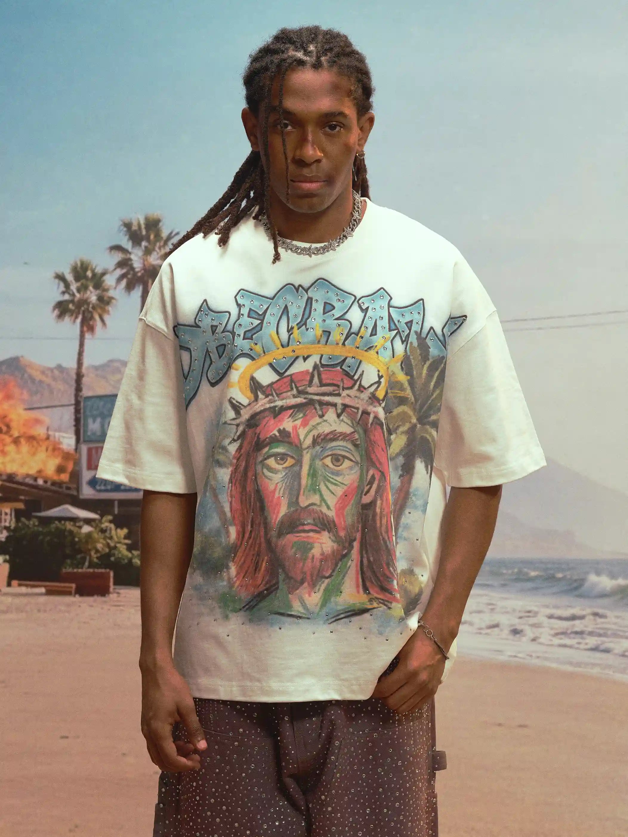 Abstract Jesus Rhinestone Tee-537