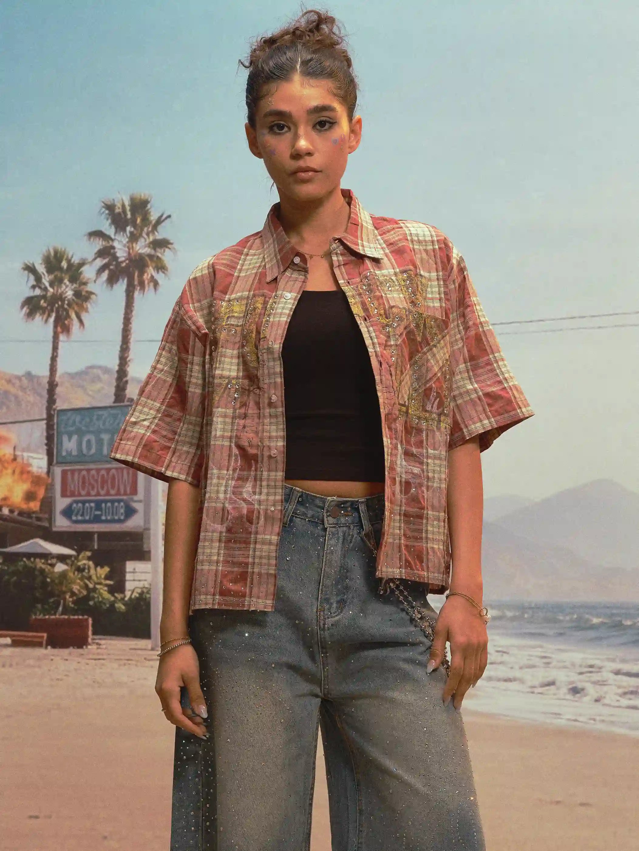 Bling Edgy Punk Plaid Shirt-539