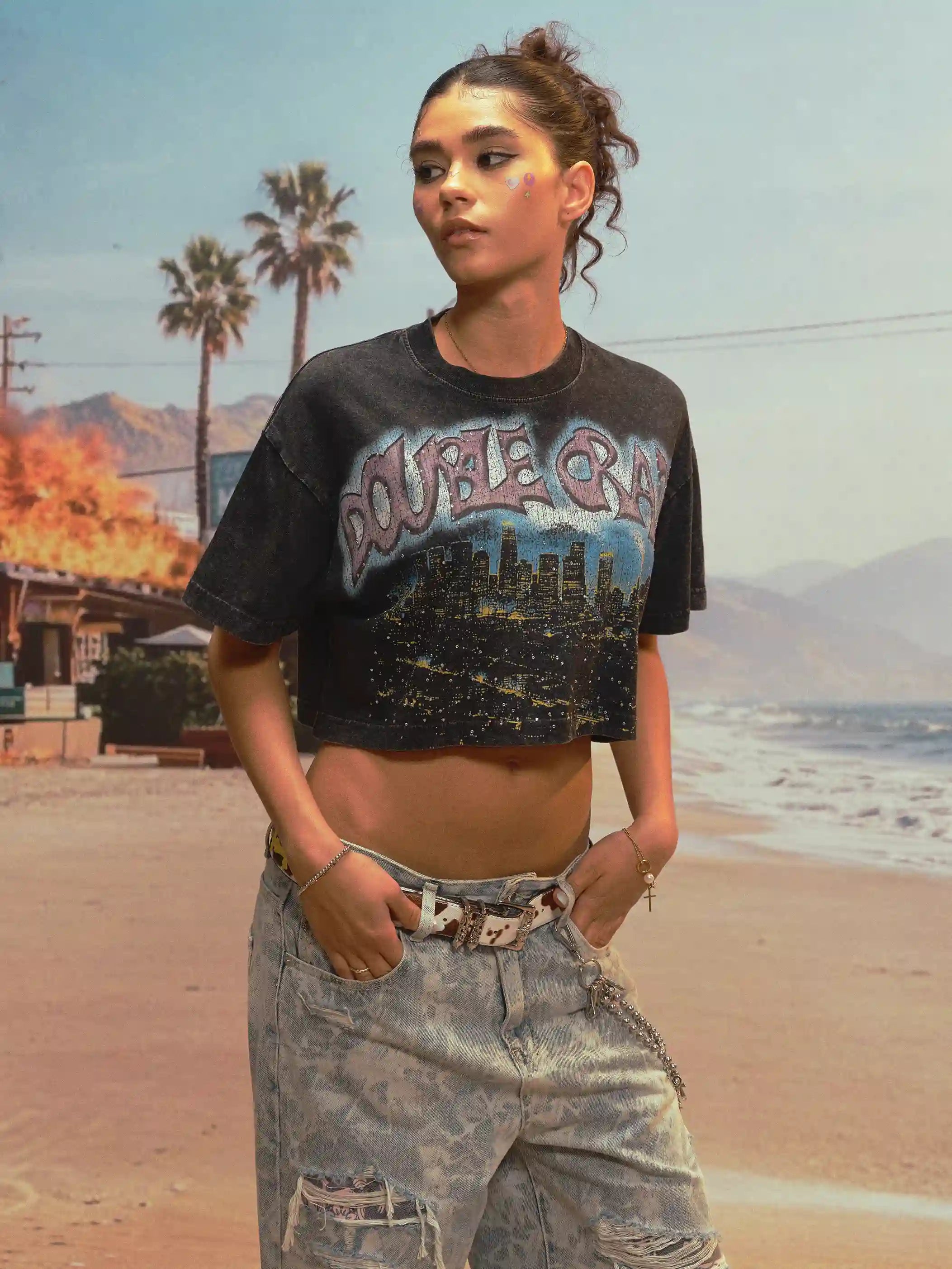 Boxy L.A. Skyline Bling Crop Tee-541