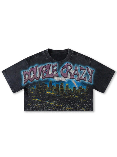 Boxy l.a. skyline bling rhinestone crop tee front view DoubleCrazy