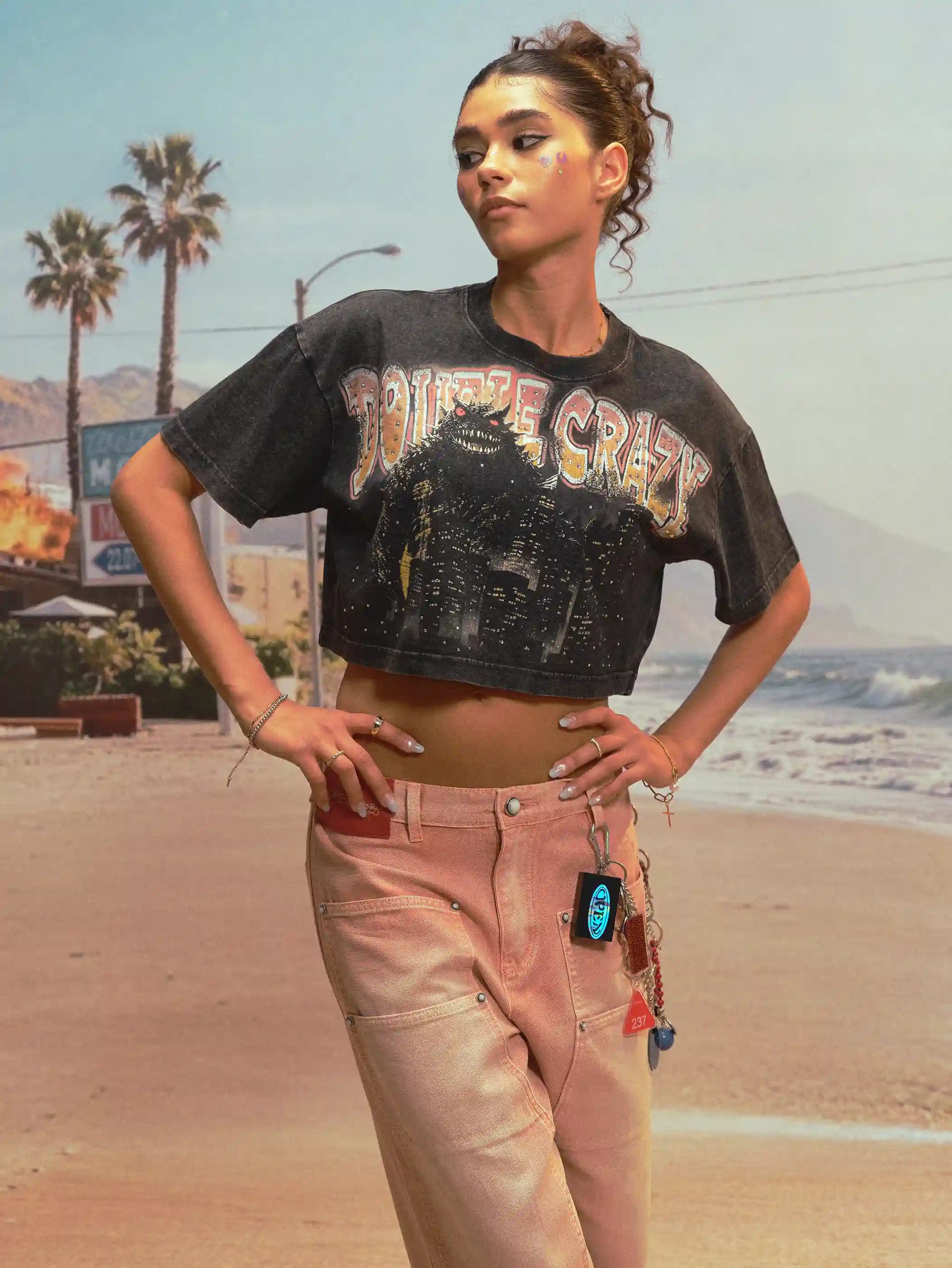 Kaiju Monster Rhinestone Crop Tee-544