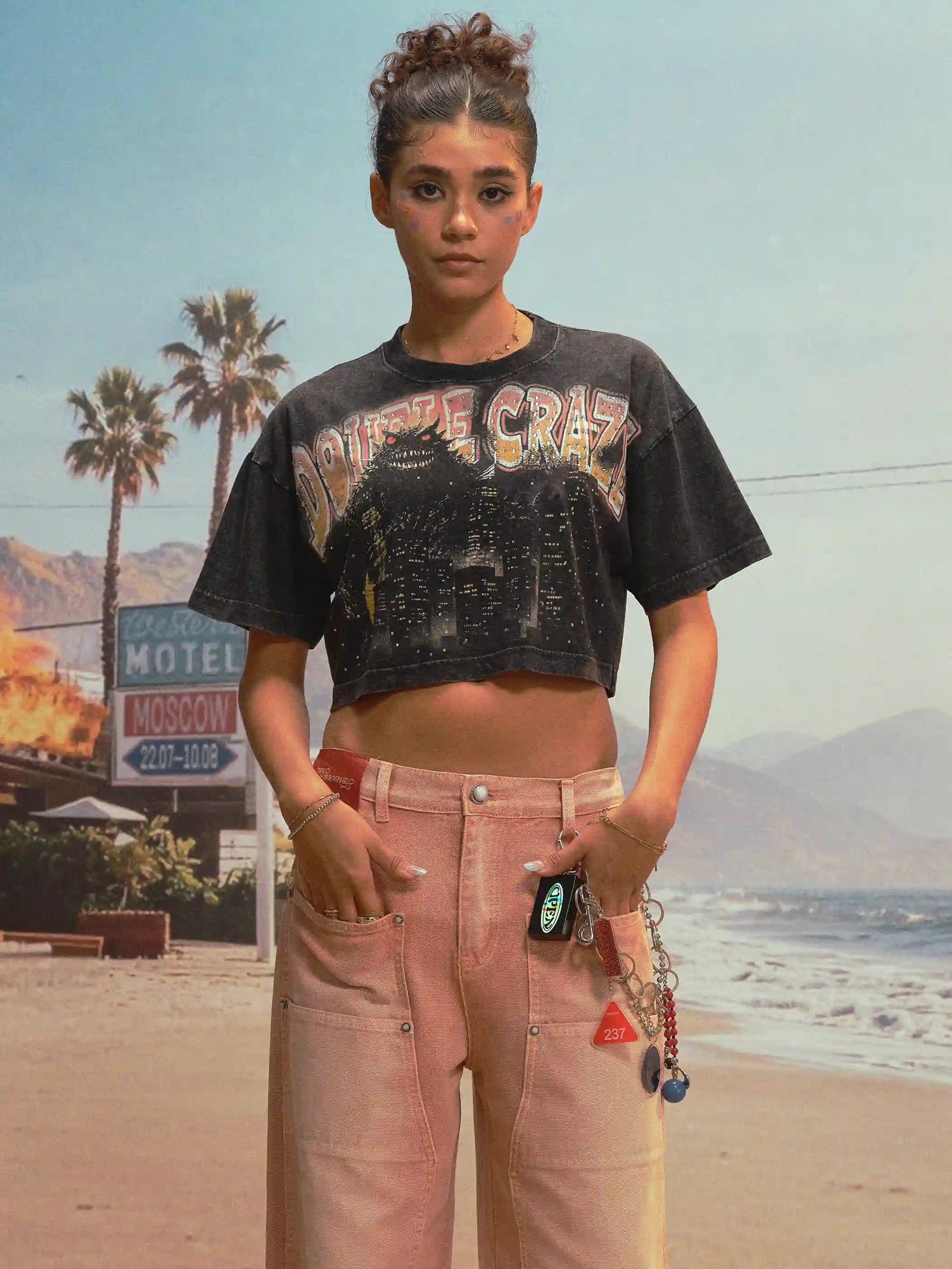 Kaiju Monster Rhinestone Crop Tee-544