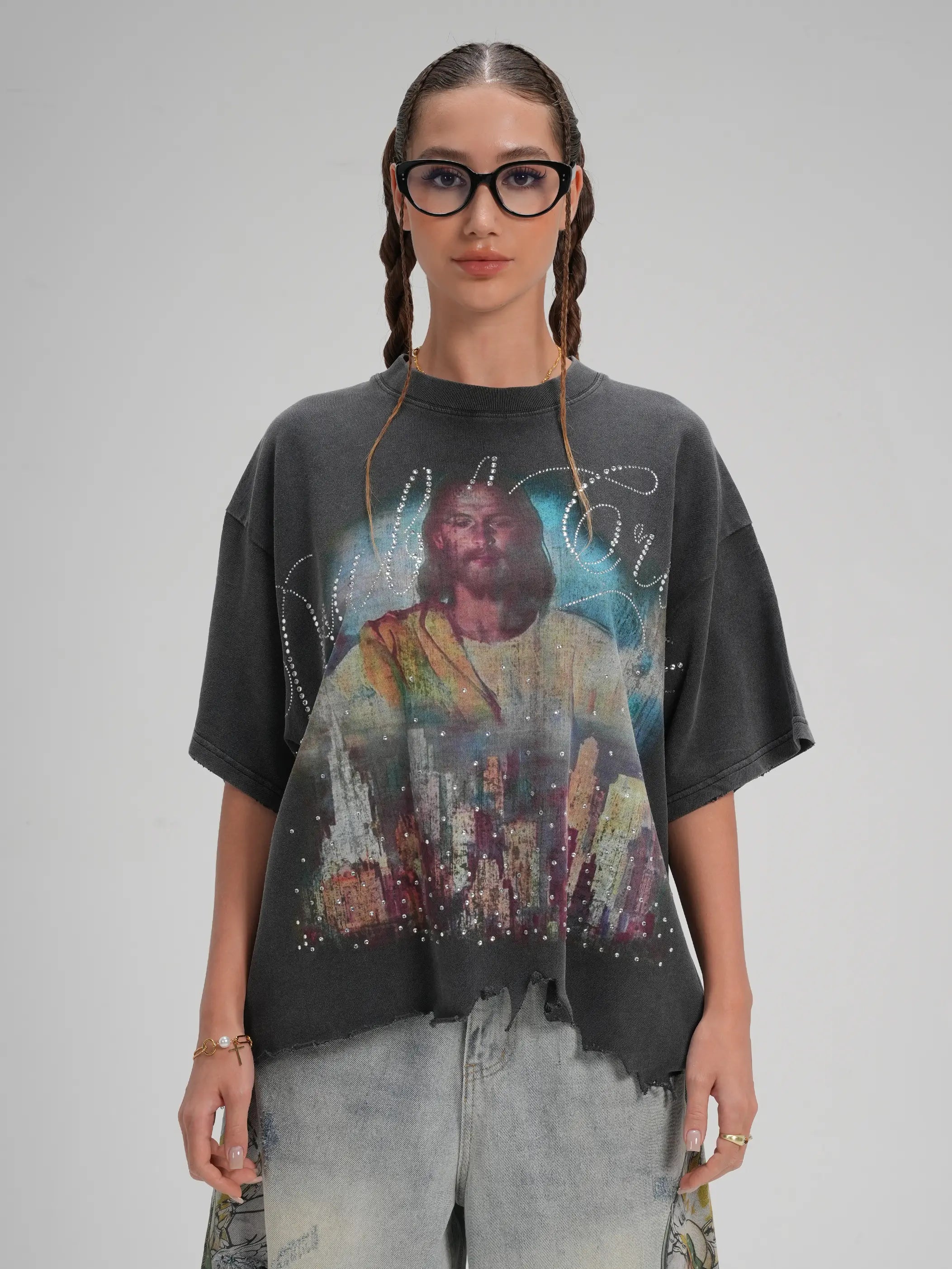Jesus Skyline Rhinestone Boxy Tee-548