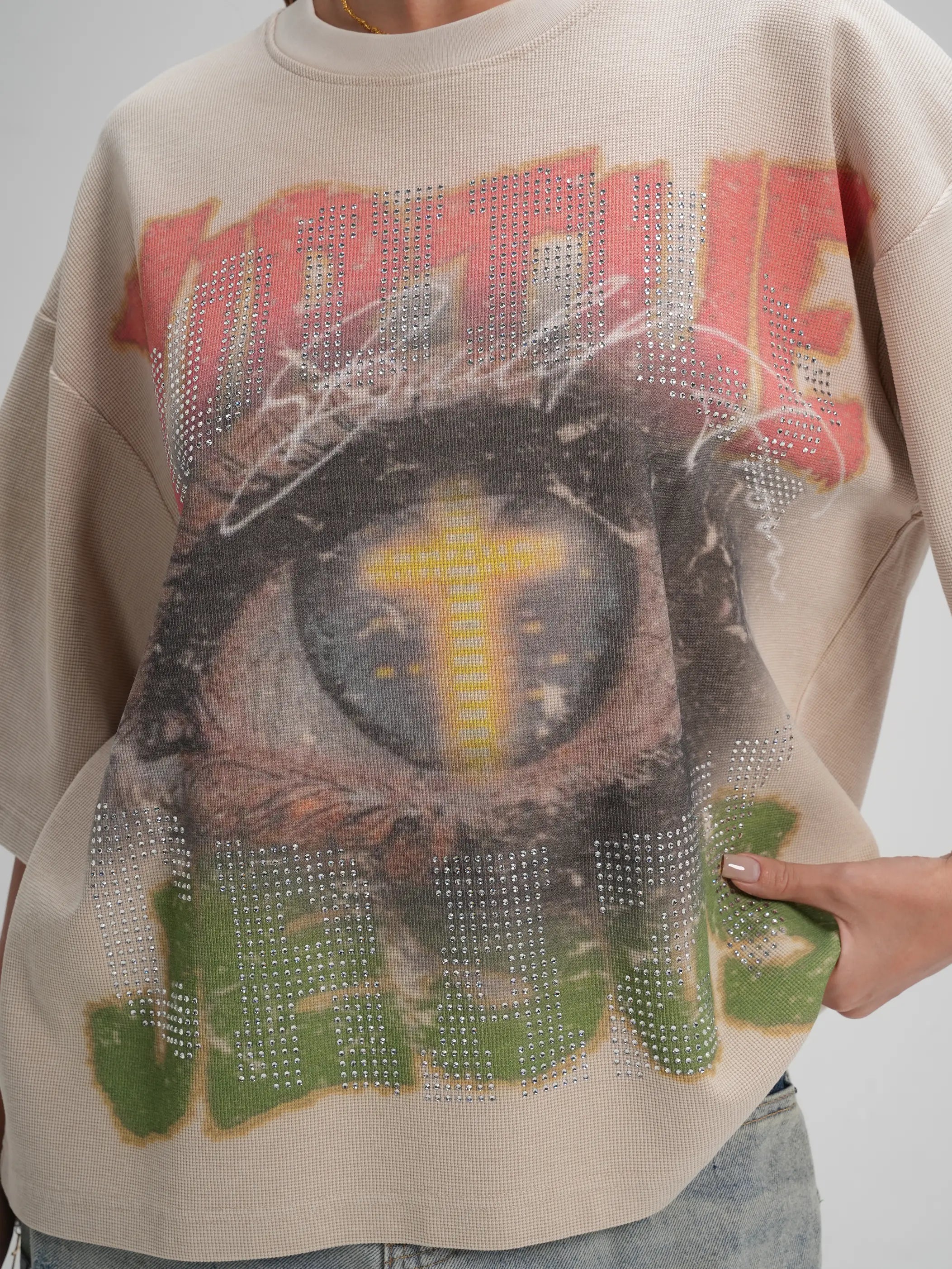 Evil Eye Rhinestone Waffle Tee-562