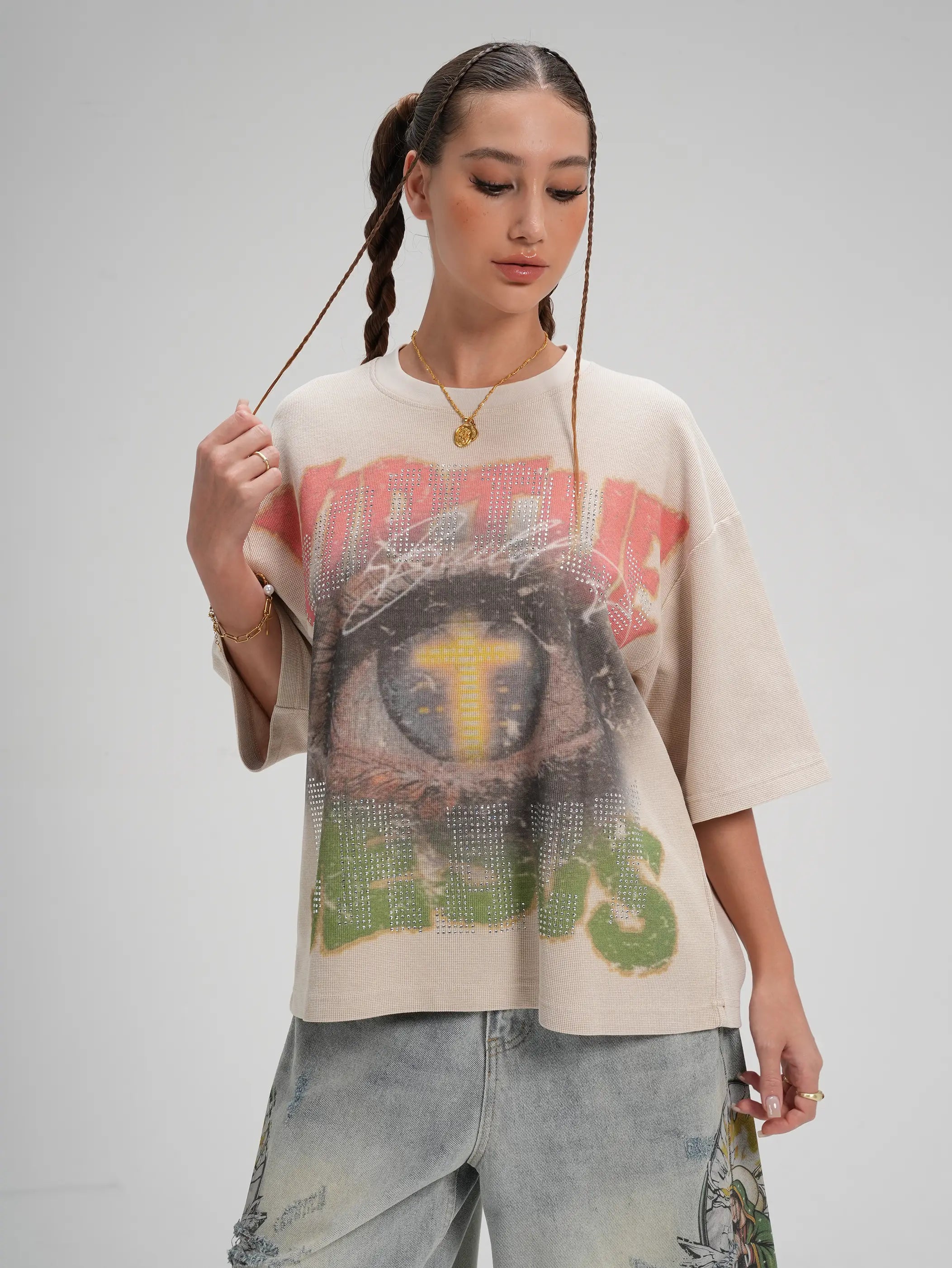 Evil Eye Rhinestone Waffle Tee-562
