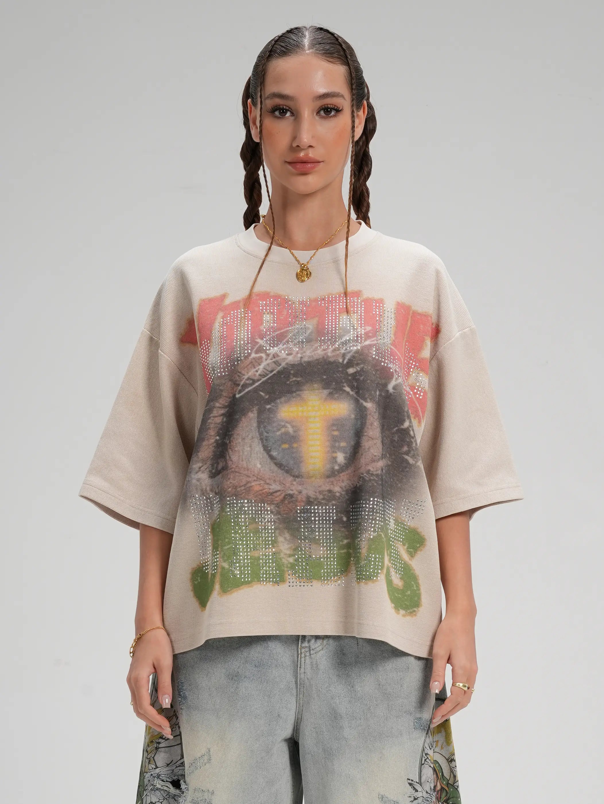 Evil Eye Rhinestone Waffle Tee-562