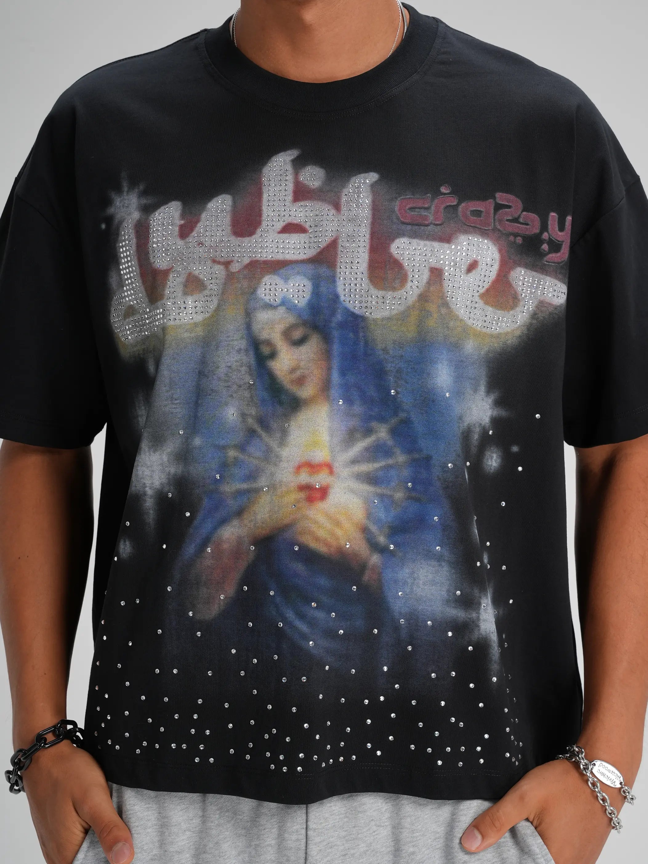 Rhinestone Virgin Mary Boxy Tee-565