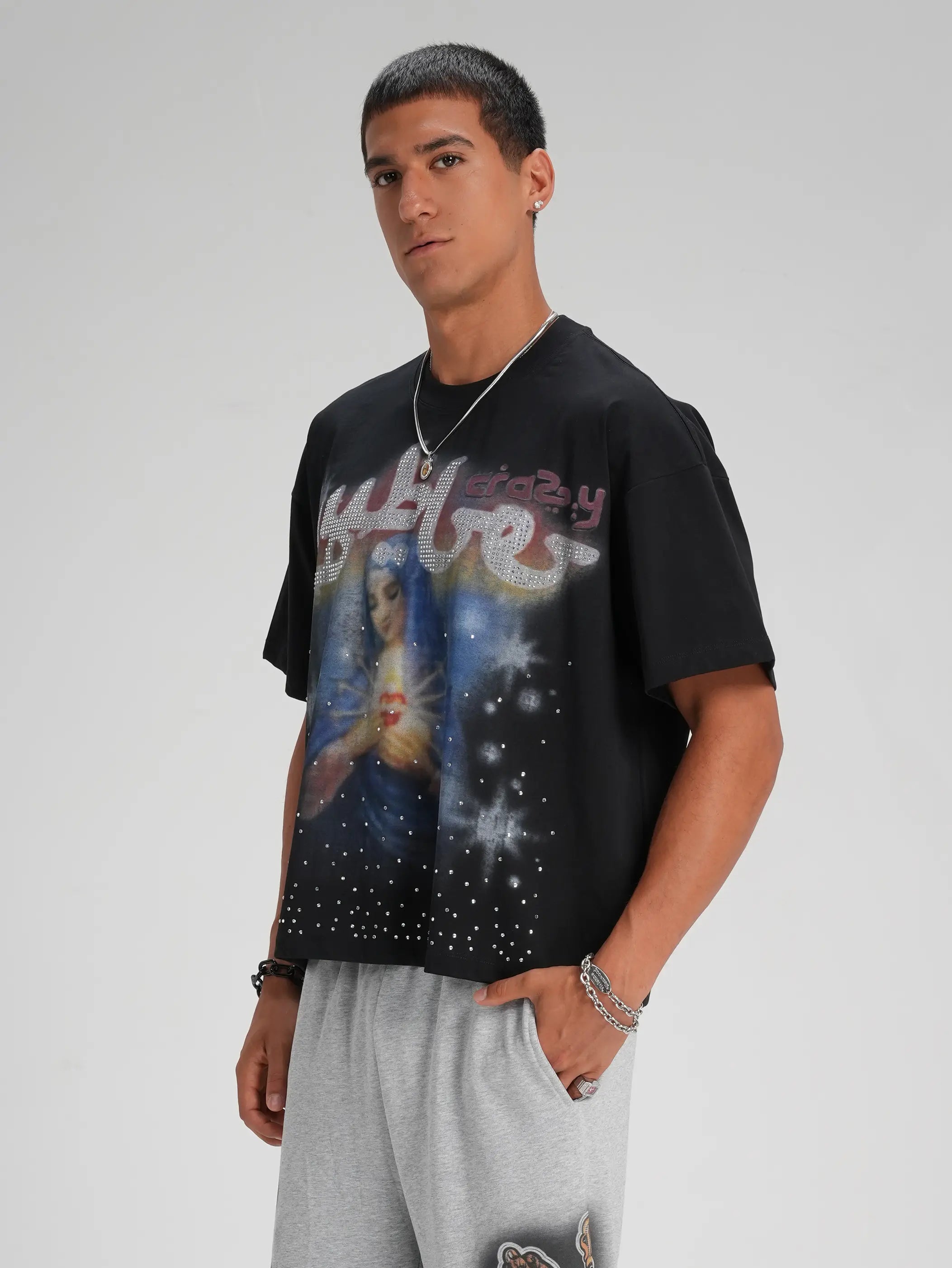 Rhinestone Virgin Mary Boxy Tee-565