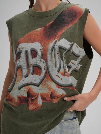 Camiseta sin mangas con tachuelas estilo punk con dobladillo sin rematar-575