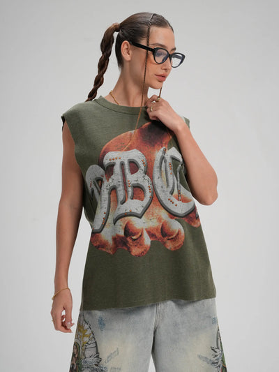Camiseta sin mangas con tachuelas estilo punk con dobladillo sin rematar-575