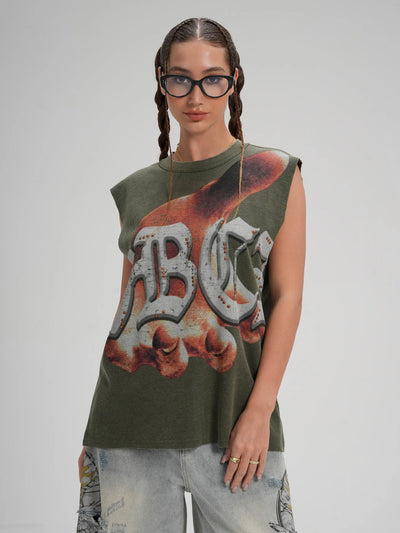 Camiseta sin mangas con tachuelas estilo punk con dobladillo sin rematar-575