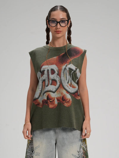 Camiseta sin mangas con tachuelas estilo punk con dobladillo sin rematar-575