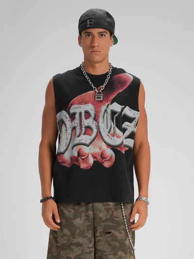 Camiseta sin mangas con tachuelas estilo punk con dobladillo sin rematar-575