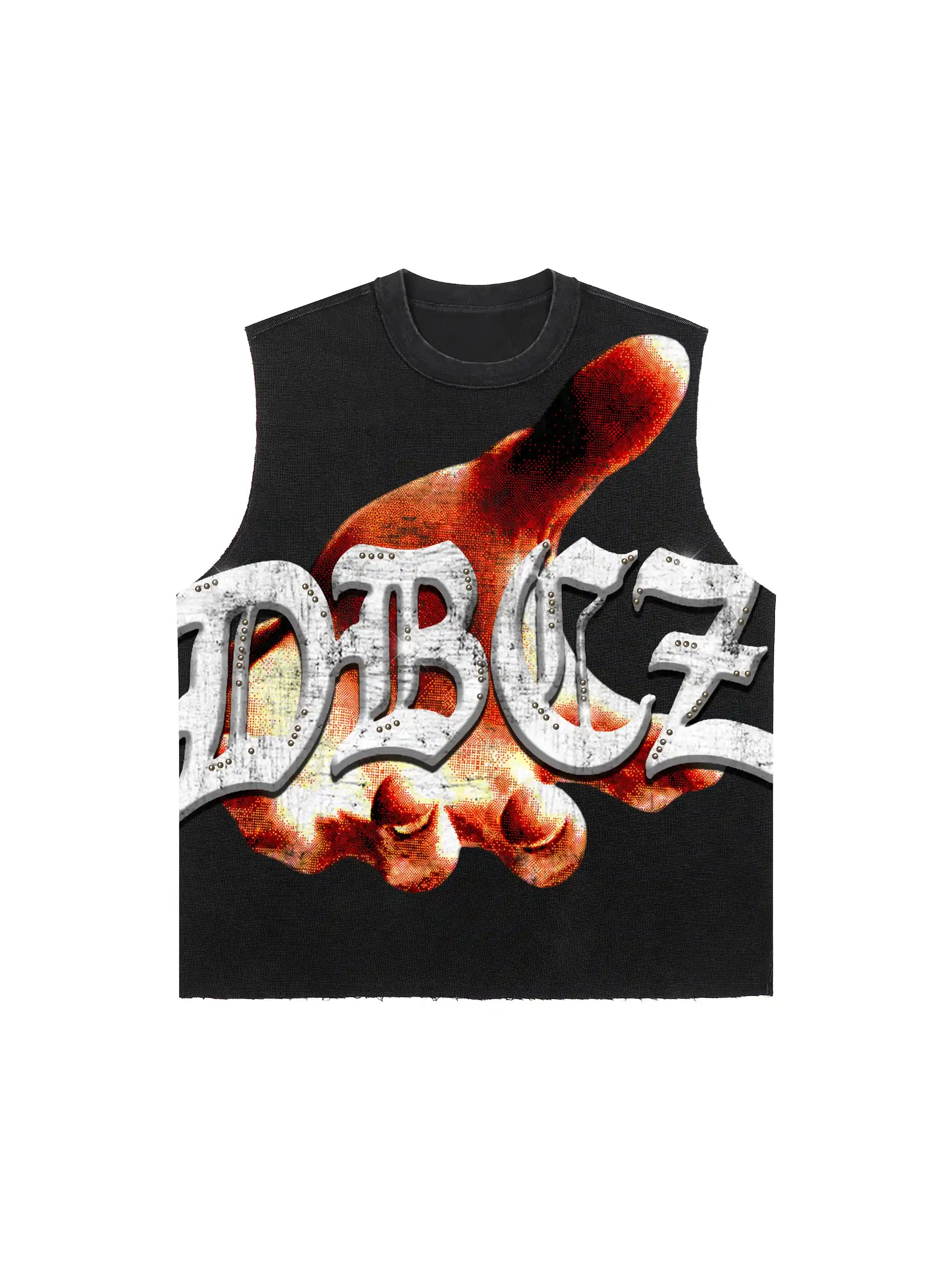 DoubleCrazy Product 575 washed black raw edge punk studded tank with red orange hand graphic and DBCZ lettering