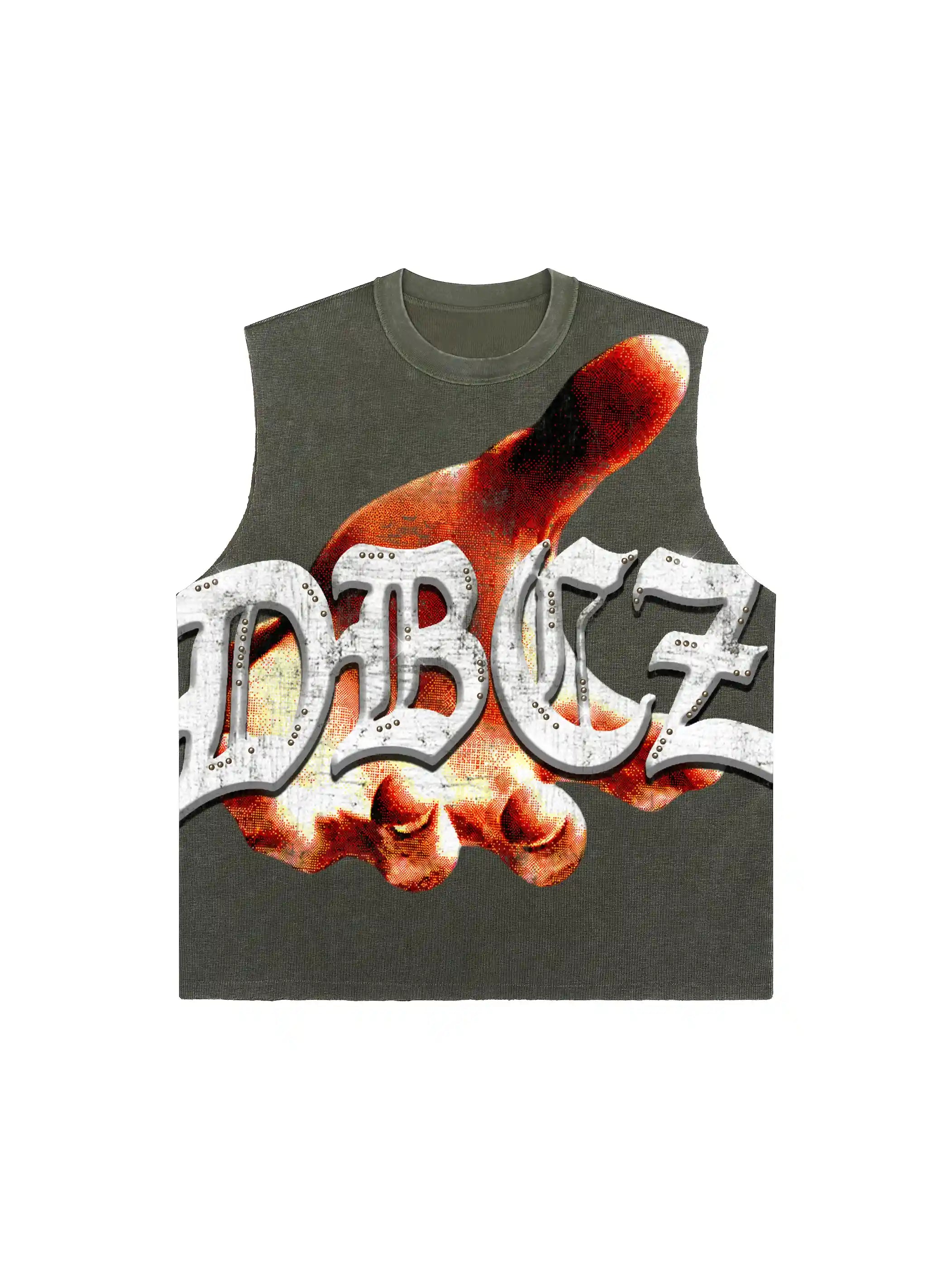 DoubleCrazy Product 575 raw edge washed tank styled with dark streetwear bottoms and layered accessories