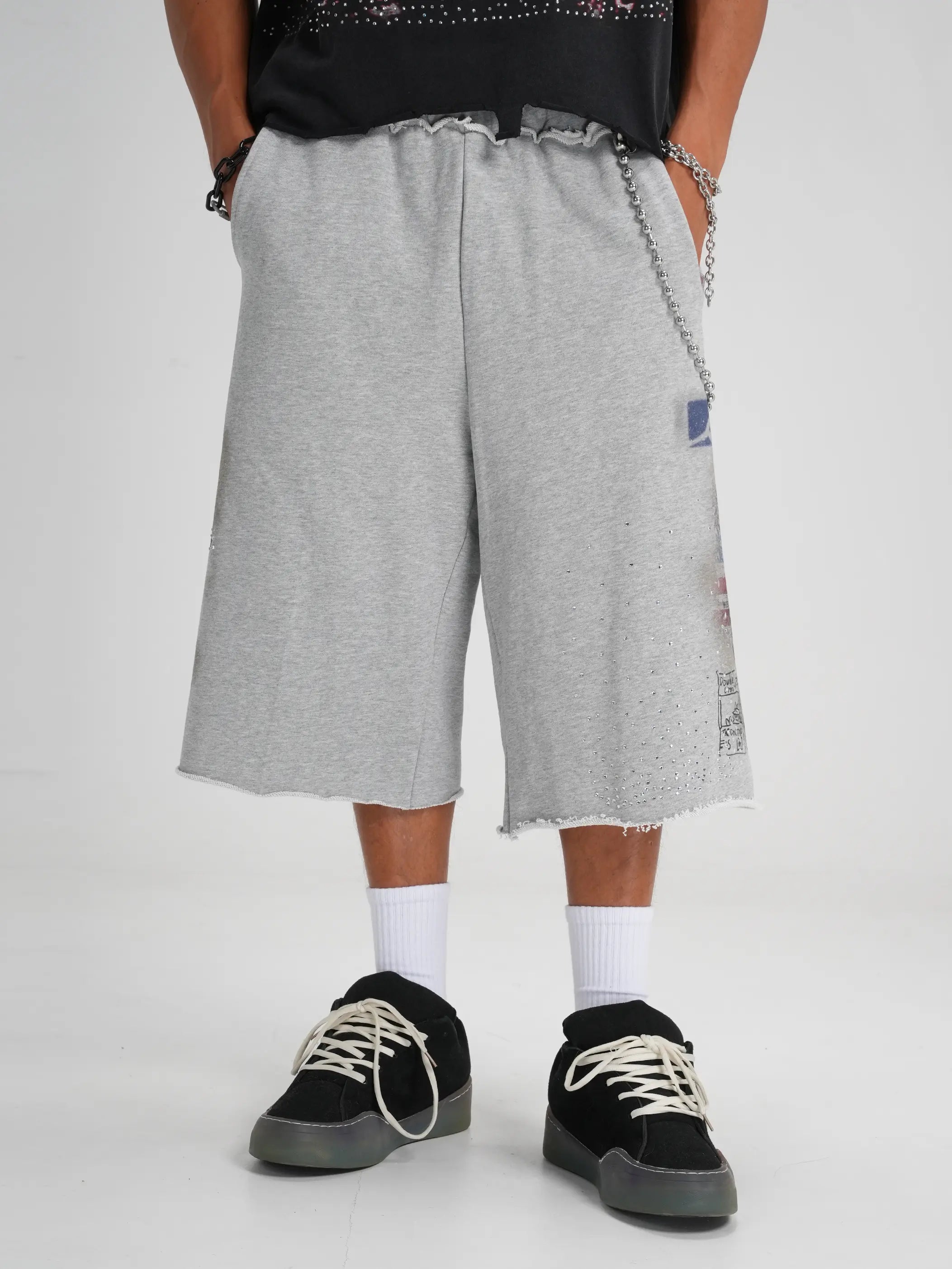 Bling Distressed Sweat Shorts-578