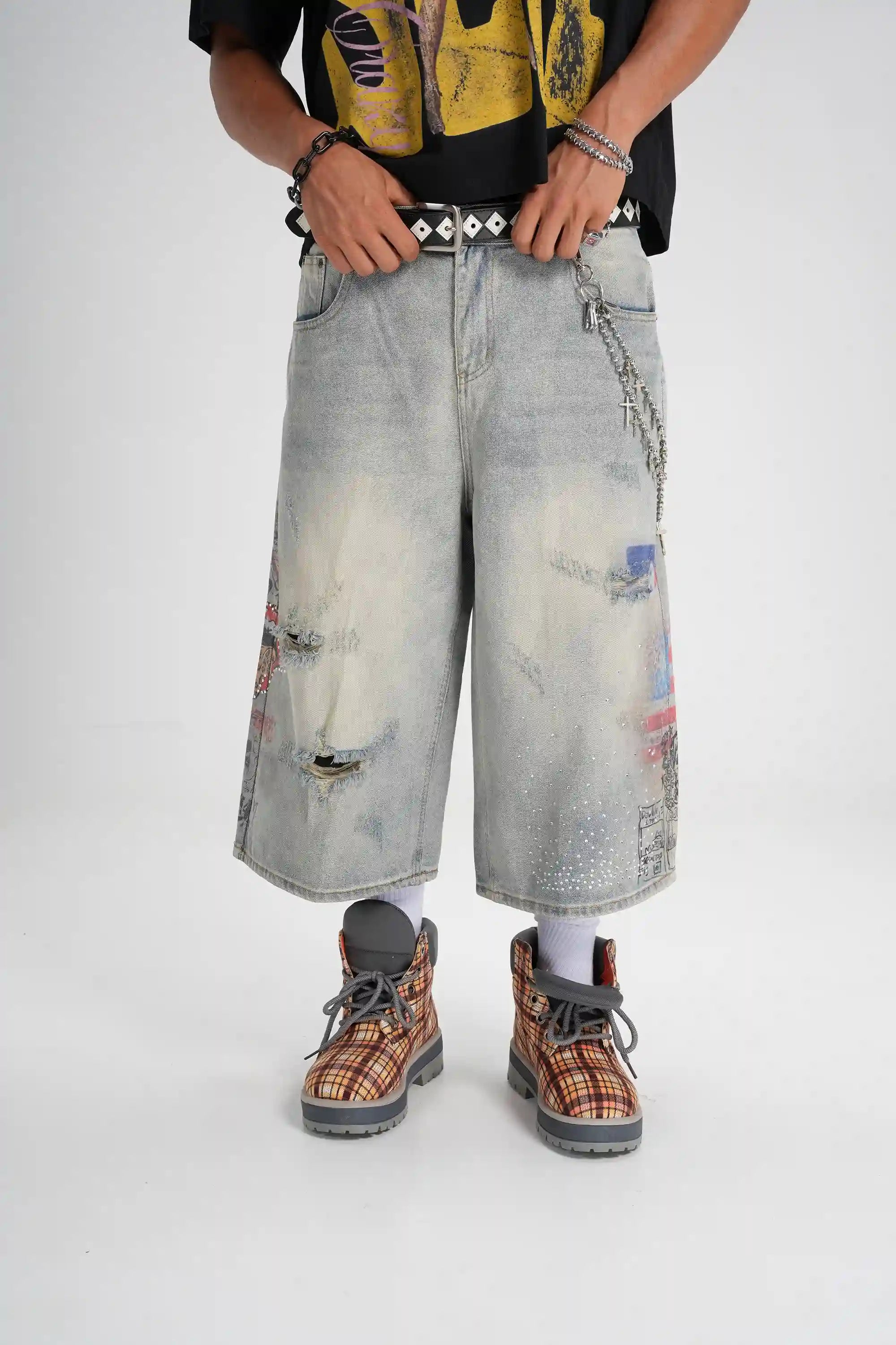 Bermudas de mezclilla holgadas con gráficos punk-579