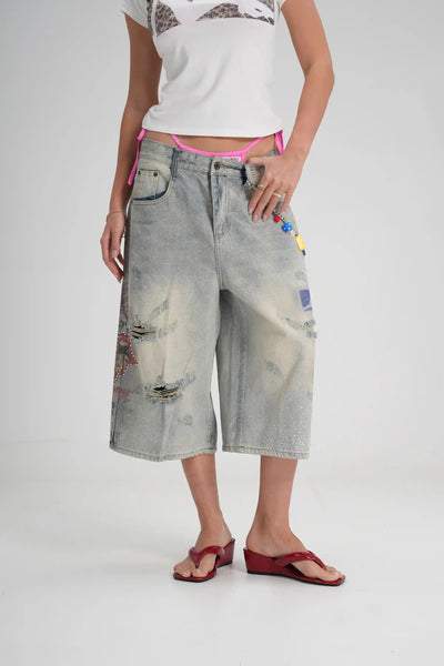 Punk Graphic Baggy Denim Jorts-579