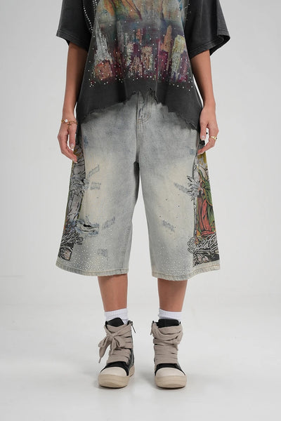 Graphic Religious Washed Jorts-580