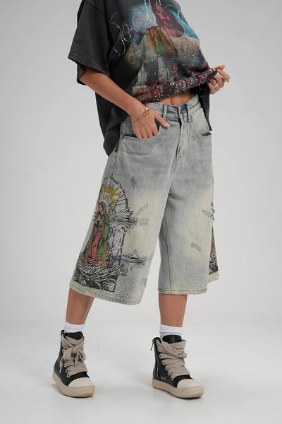 Graphic Religious Washed Jorts-580
