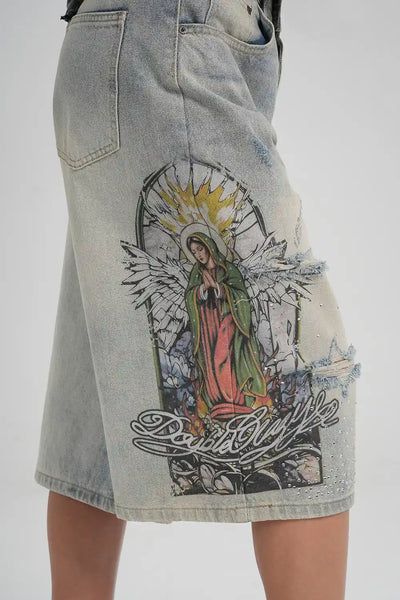 Graphic Religious Washed Jorts-580