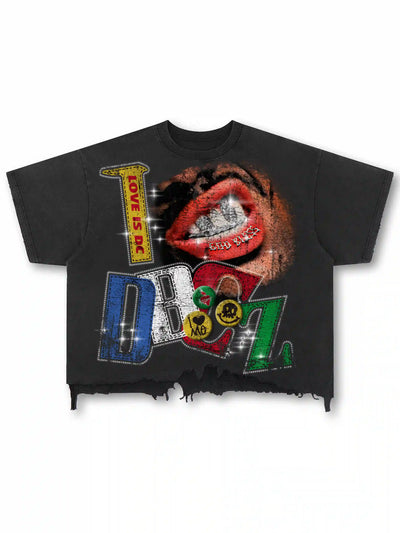 Camiseta con Labios Grillz Desgastados Bling-592