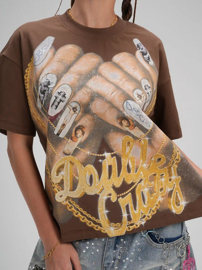 Camiseta holgada con caja de uñas y cadena dorada "Bling"-593