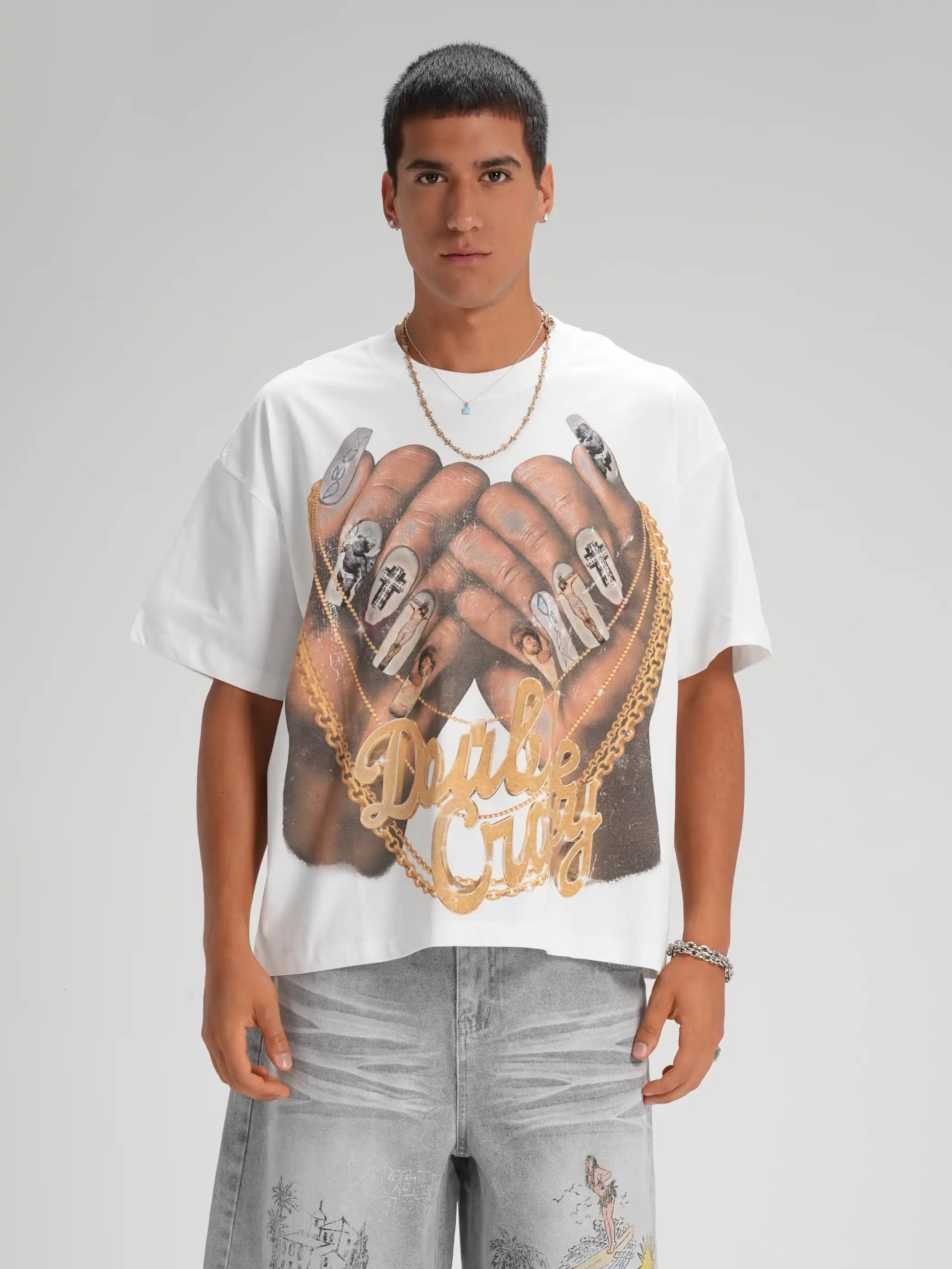 Bling Gold Chain Nail Boxy Tee-593