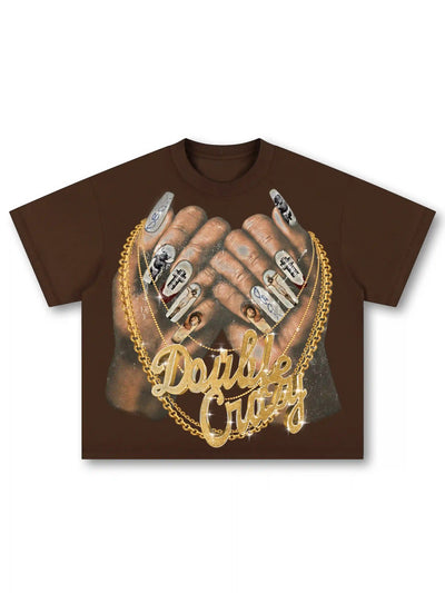 Camiseta holgada con caja de uñas y cadena dorada "Bling"-593