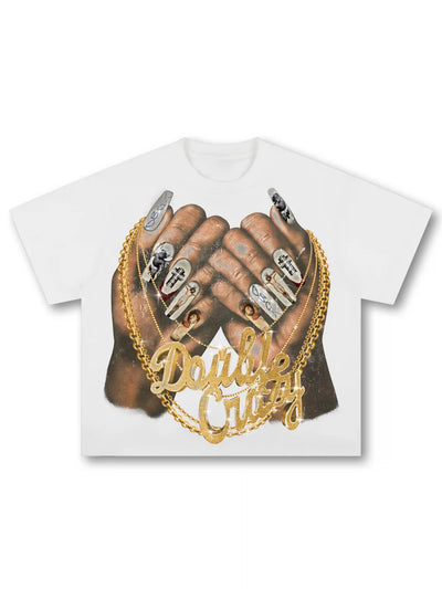 Camiseta holgada con caja de uñas y cadena dorada "Bling"-593