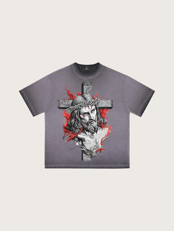 Charcoal Gray T-Shirt Featuring a Detailed Artistic Illustration with a Crown of Thorns