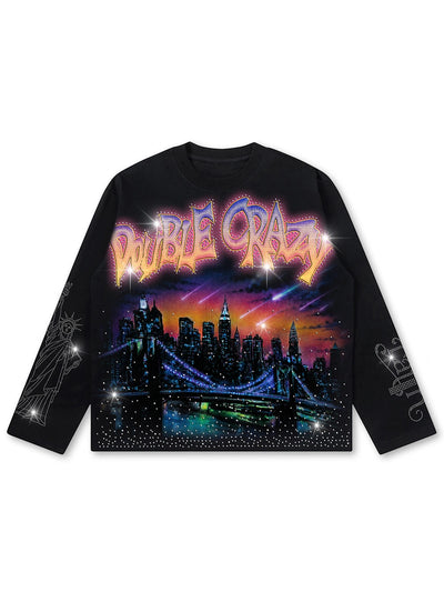 Bling neon city rhinestone long sleeve front view DoubleCrazy