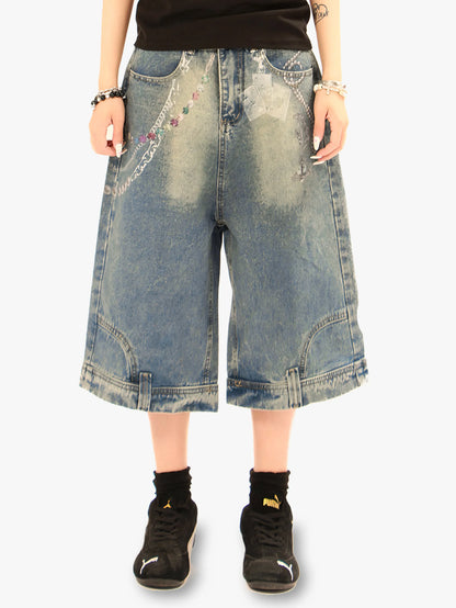 Chain Print Denim Shorts with Poker Graphic-S1014