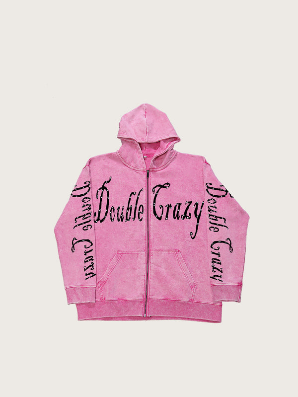 Pink Hoodie Double Crazy Text Print Zipper Unisex Casual Streetwear Jacket