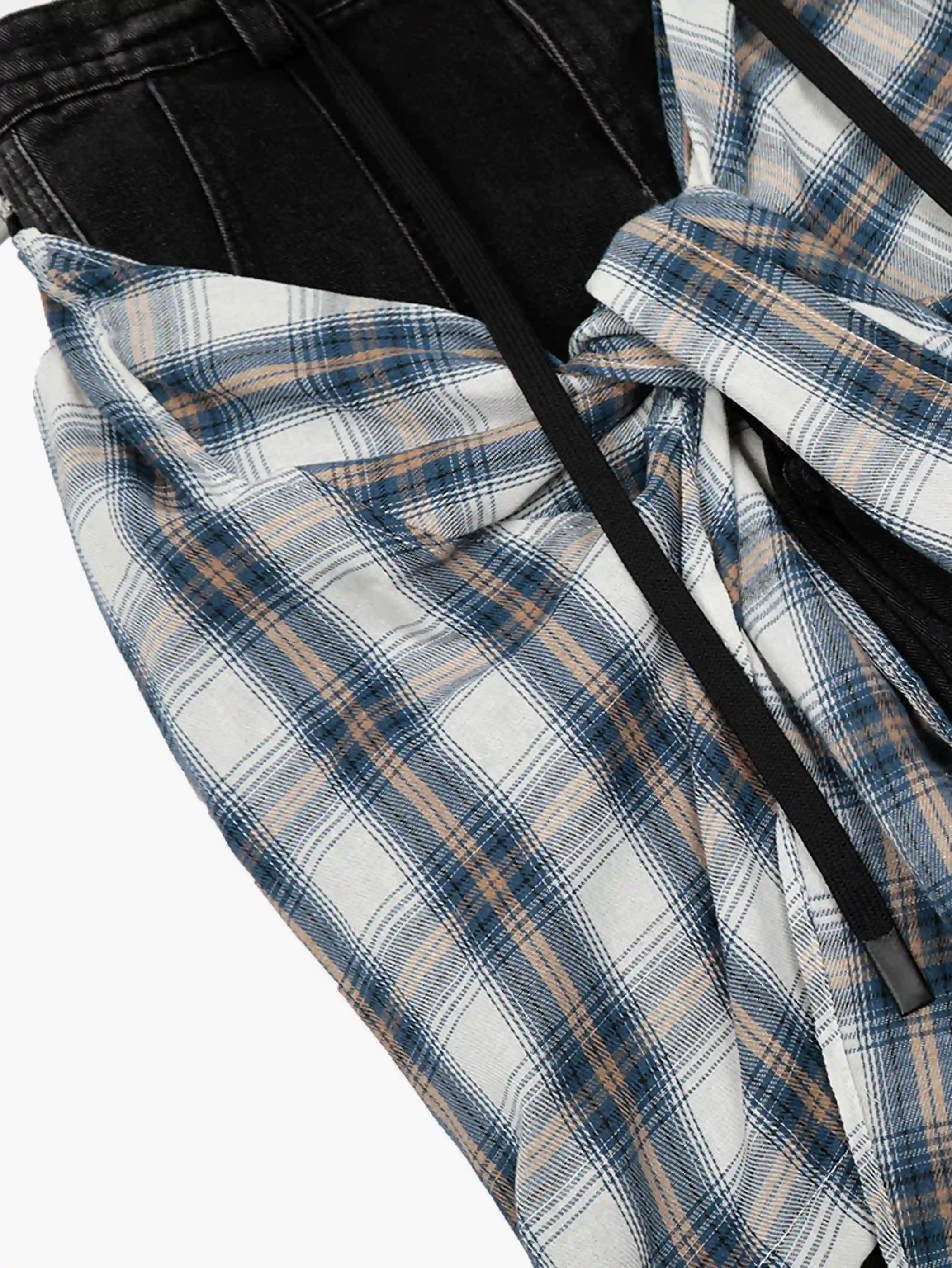 Plaid Shirt Layered Skirt Style Denim Pants-S1021