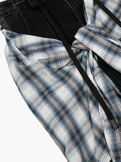 Plaid Shirt Layered Skirt Style Denim Pants-S1021