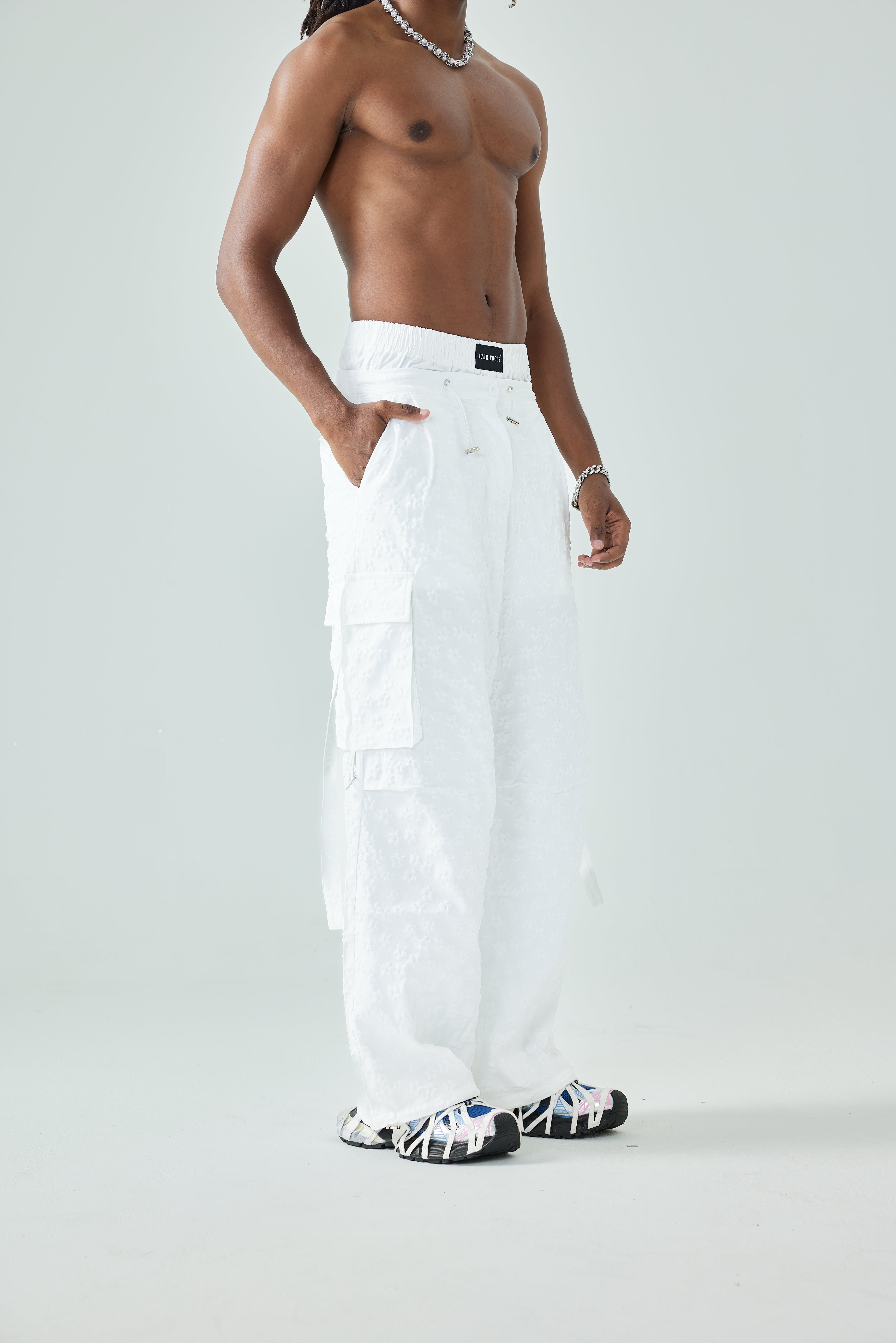 White Cargo Pants Loose Fit Streetwear-S1047
