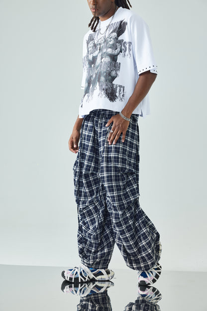Plaid Loose Fit Layered Cargo Pants-S1041