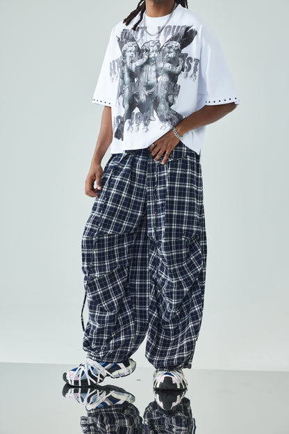 Plaid Loose Fit Layered Cargo Pants-S1041