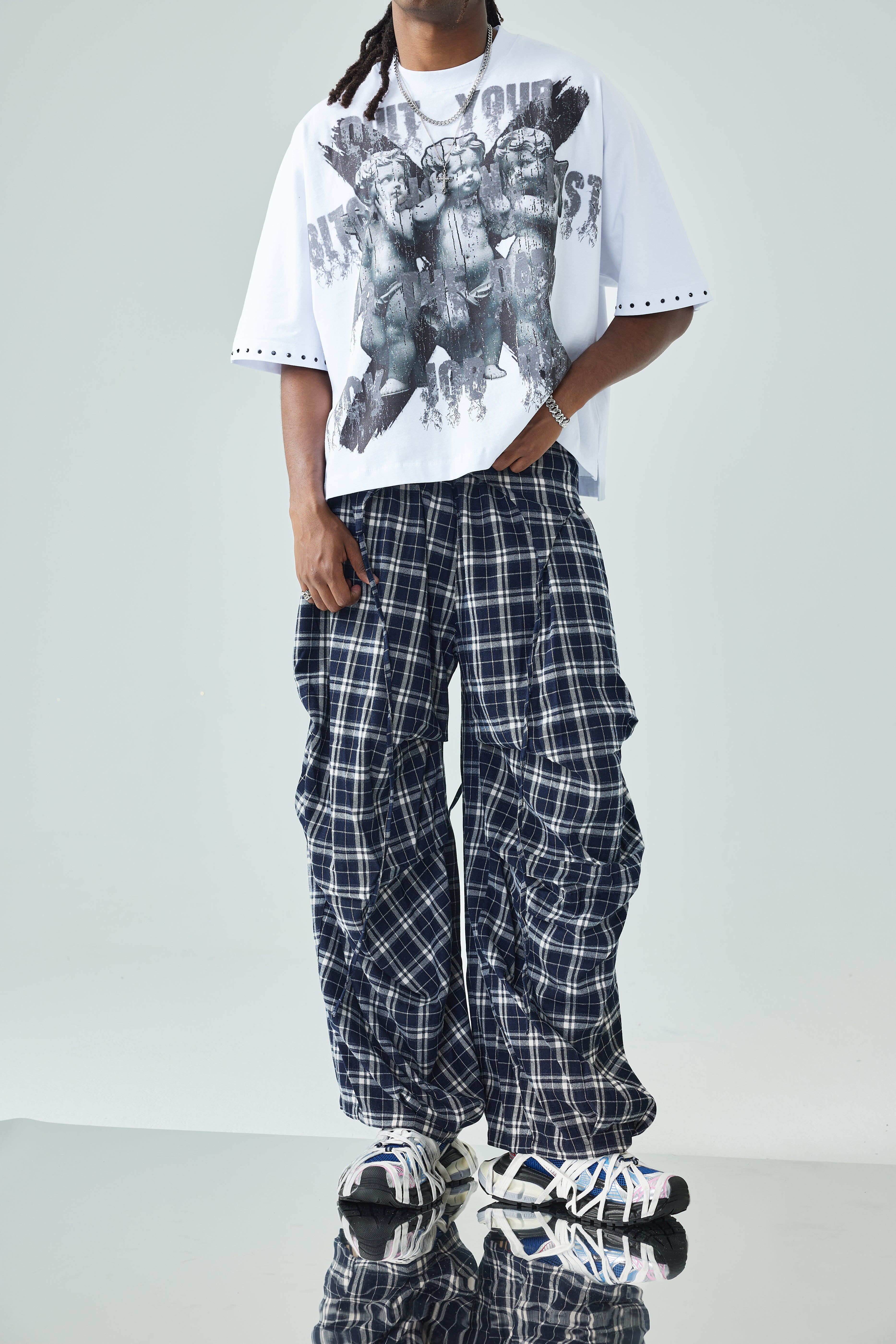 Plaid Loose Fit Layered Cargo Pants-S1041