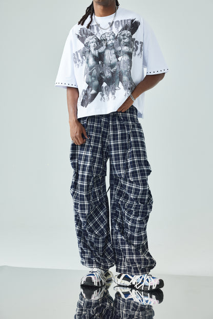 Plaid Loose Fit Layered Cargo Pants-S1041