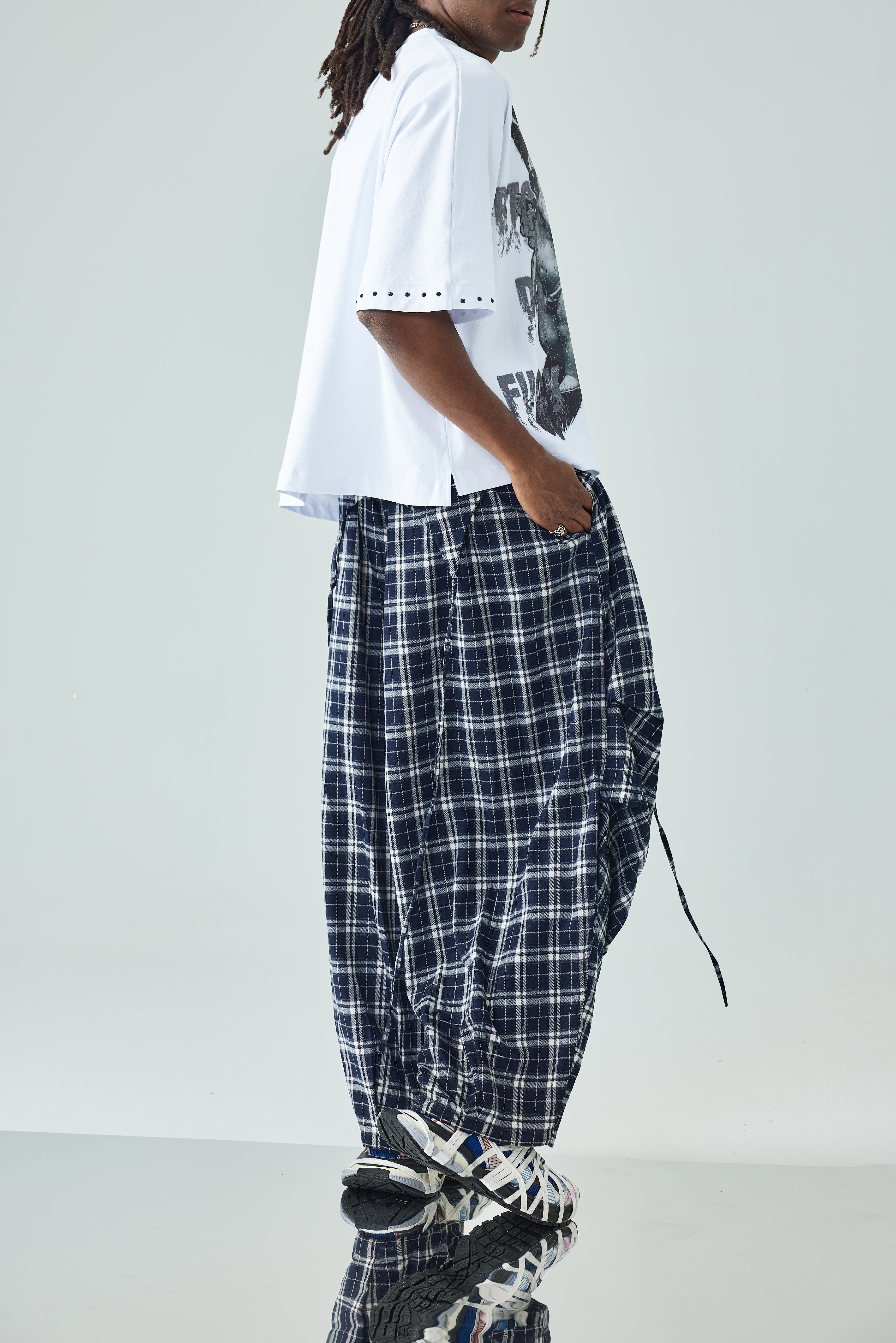 Plaid Loose Fit Layered Cargo Pants-S1041
