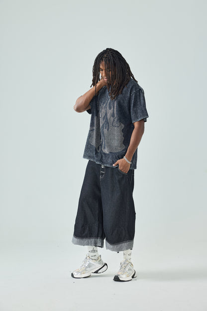 DOUBLECRAZY Flame Two-Faced Man Diamond Distressed Vintage T-shirt