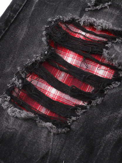 Ripped Plaid Denim Shorts-S1086