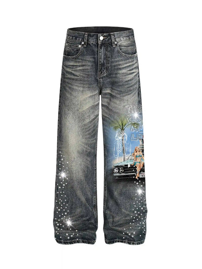 Rhinestone Pin-up Washed Jeans-610