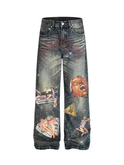 90s pop art collage rhinestone denim front view DoubleCrazy