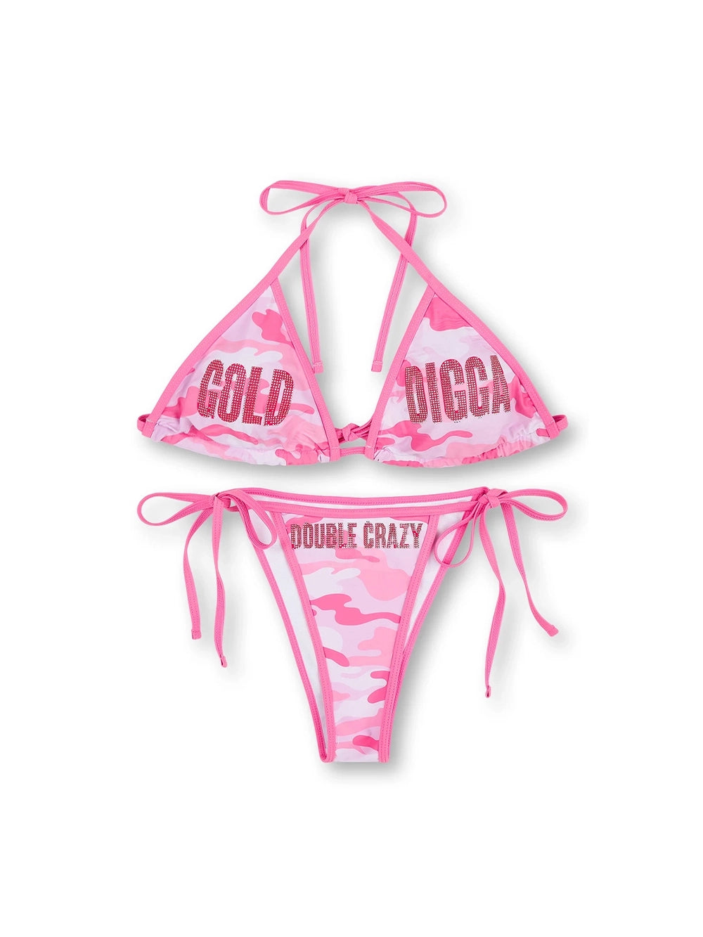 Conjunto de bikini rosa de camuflaje con pedrería-653