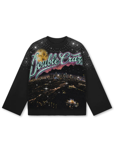 Bling moon city distressed long sleeve front view DoubleCrazy